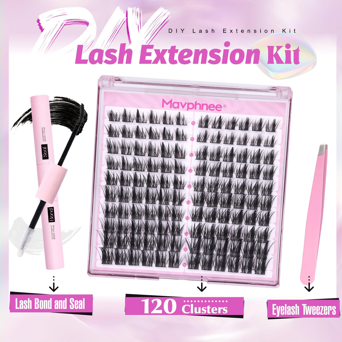 Mavphnee lash clusters with various lengths displayed