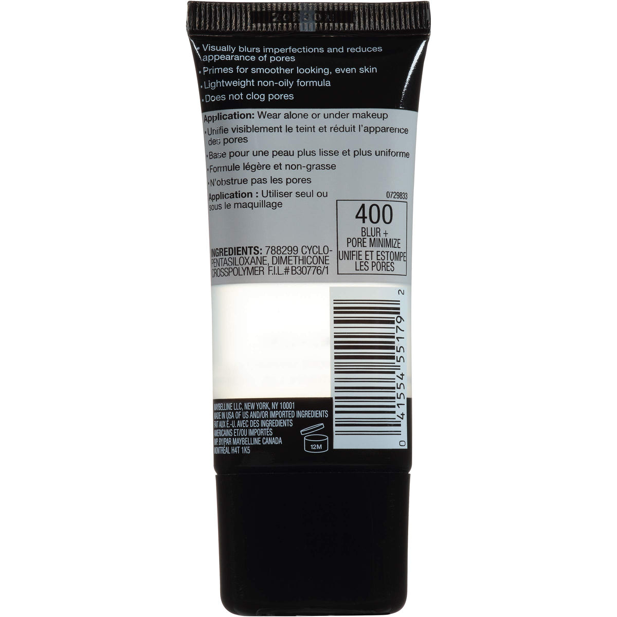 MAYBELLINE Facestudio Master Primer back view with ingredients