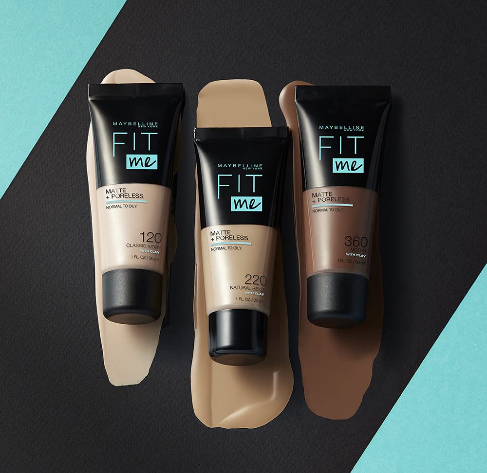MAYBELLINE Fit Me Matte & Poreless Foundation 104 Soft Ivory with makeup tools