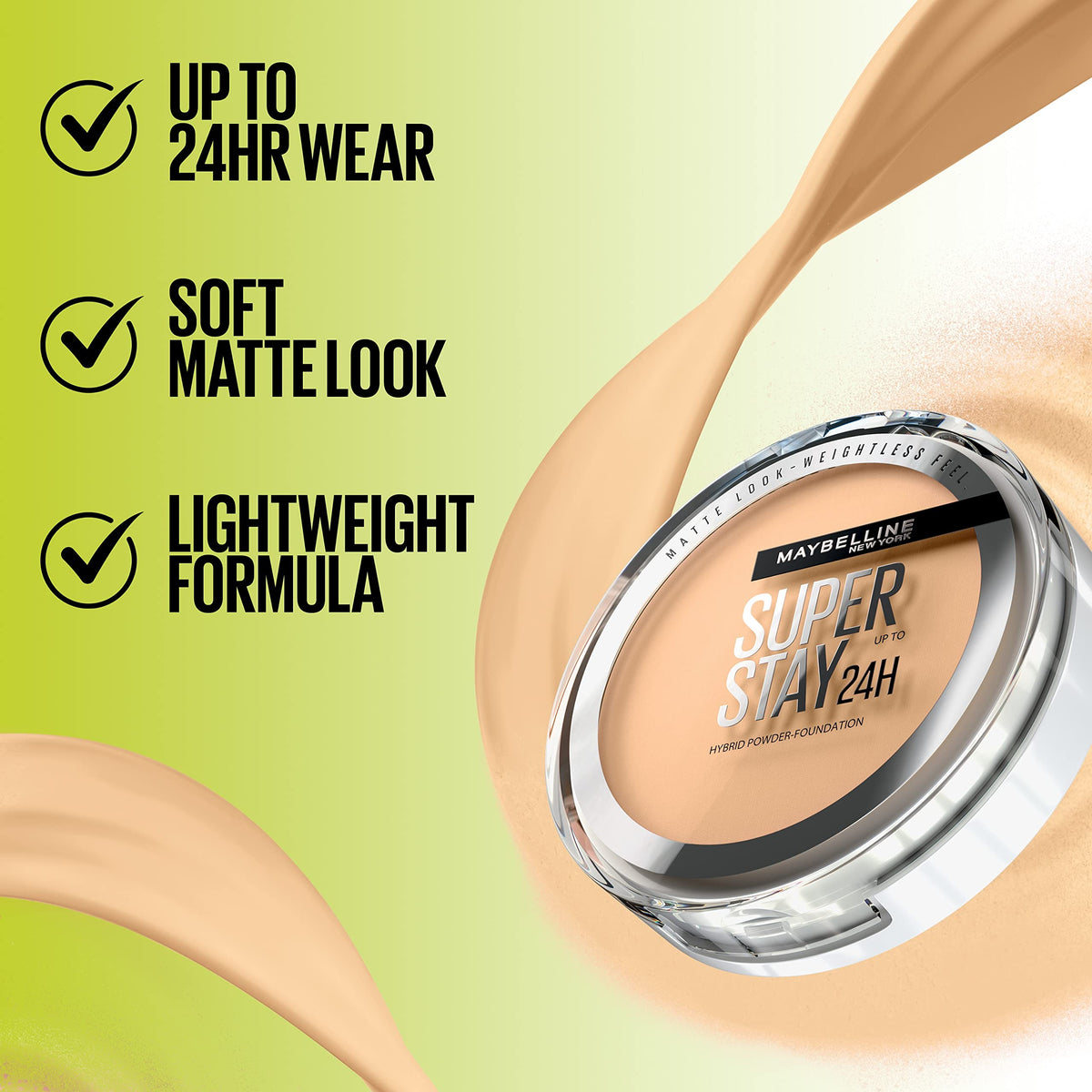 MAYBELLINE Super Stay Hybrid Powder Foundation shade range on display