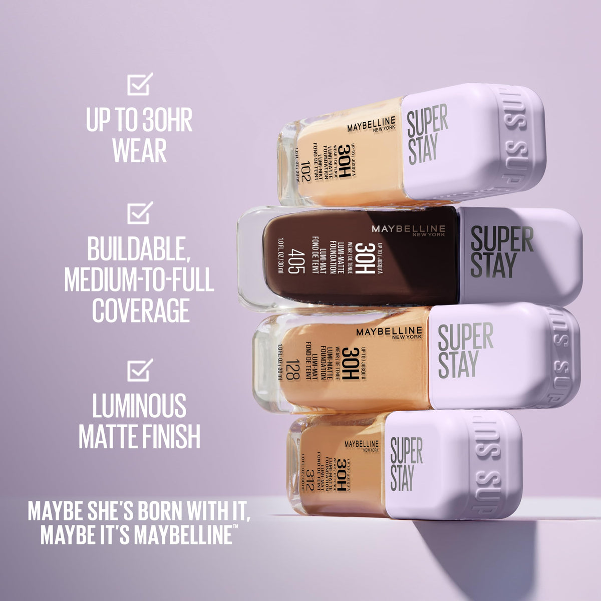 MAYBELLINE Super Stay Lumi-Matte Foundation shade range display