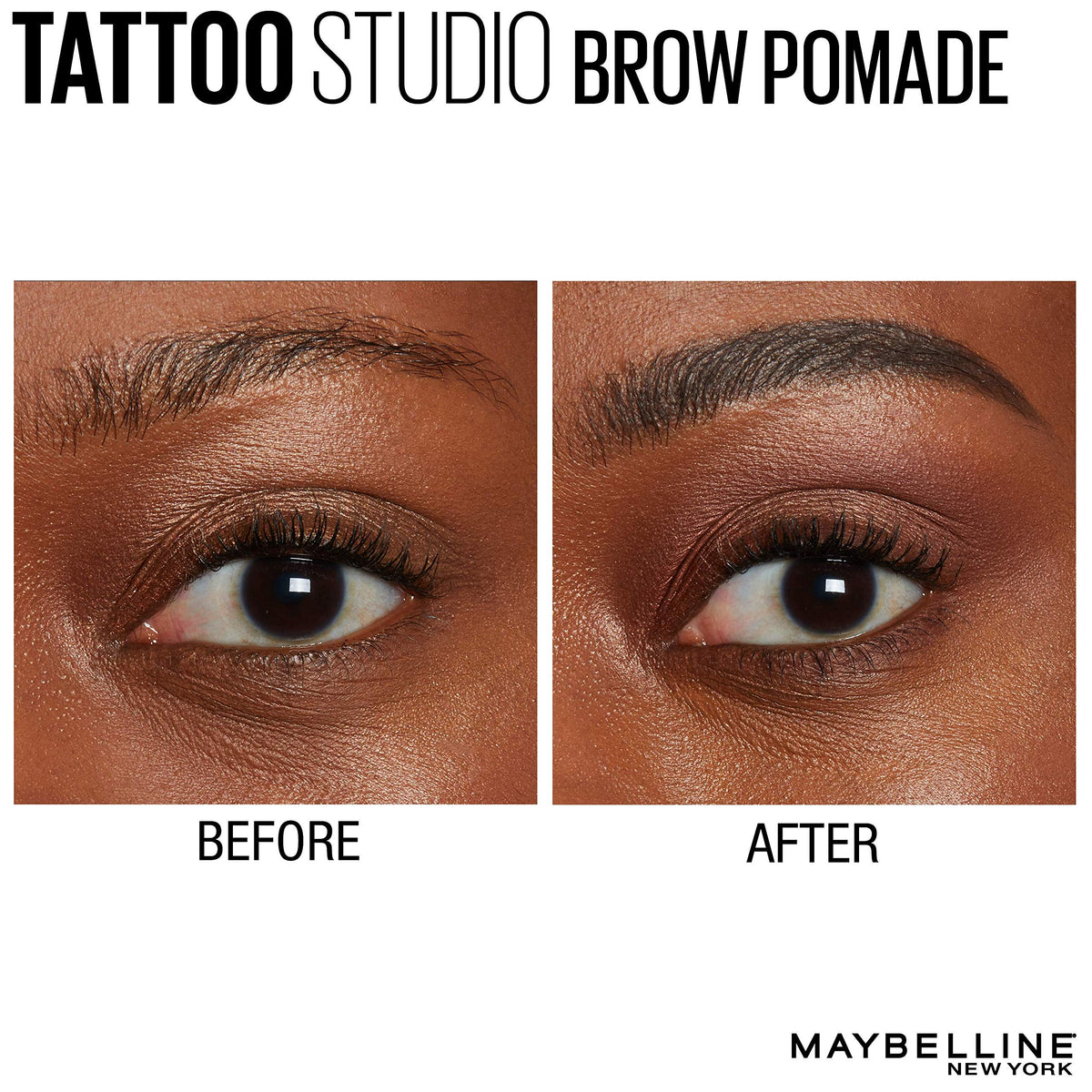 MAYBELLINE TattooStudio Brow Pomade Black Brown on a makeup table
