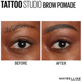 MAYBELLINE TattooStudio Brow Pomade Black Brown on a makeup table