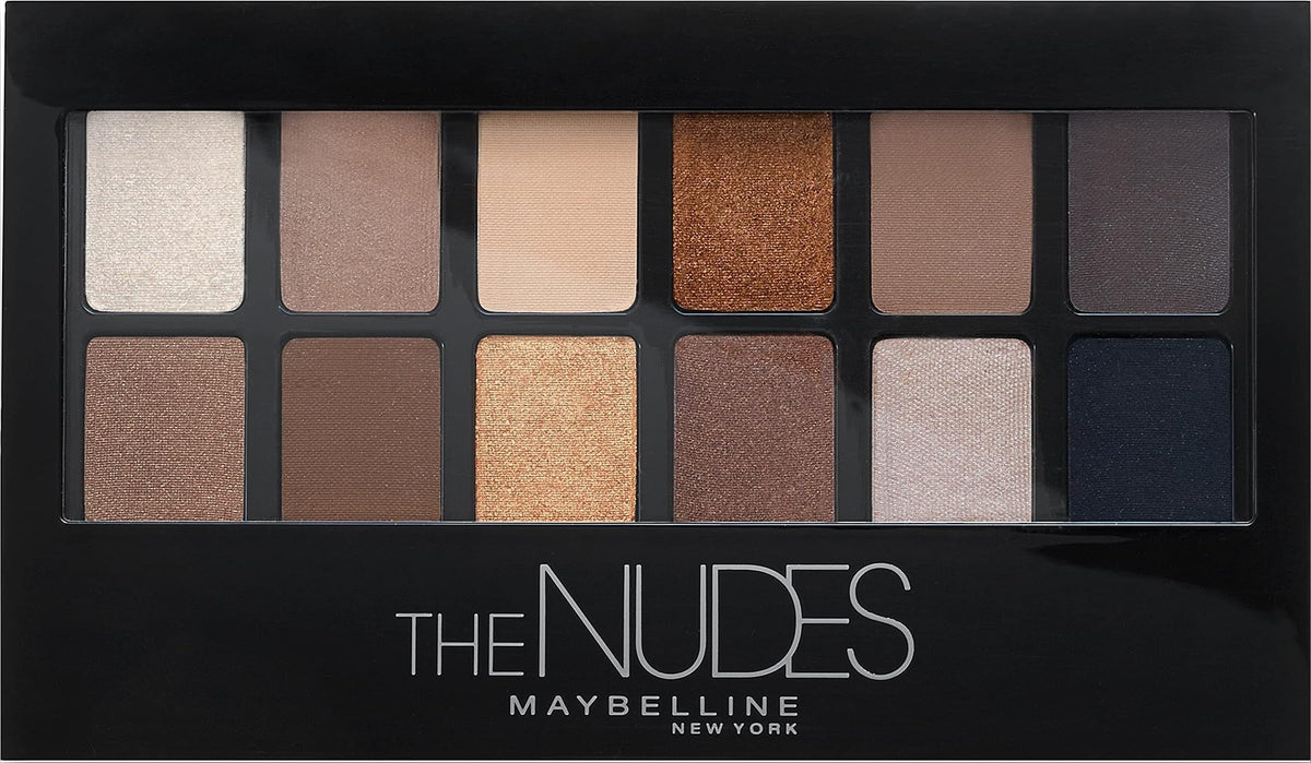 MAYBELLINE The Nudes Eyeshadow Palette front view with 12 shades