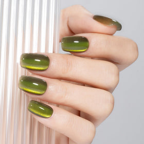 MAYCHAO Aurora Green Cat Eye Gel Nail Polish on a nail art display
