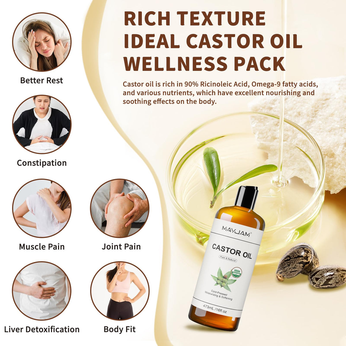 MAYJAM Organic Castor Oil 16 oz with essential oils