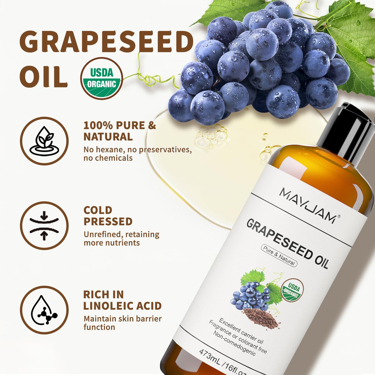 MAYJAM Organic Grapeseed Oil bottle with label
