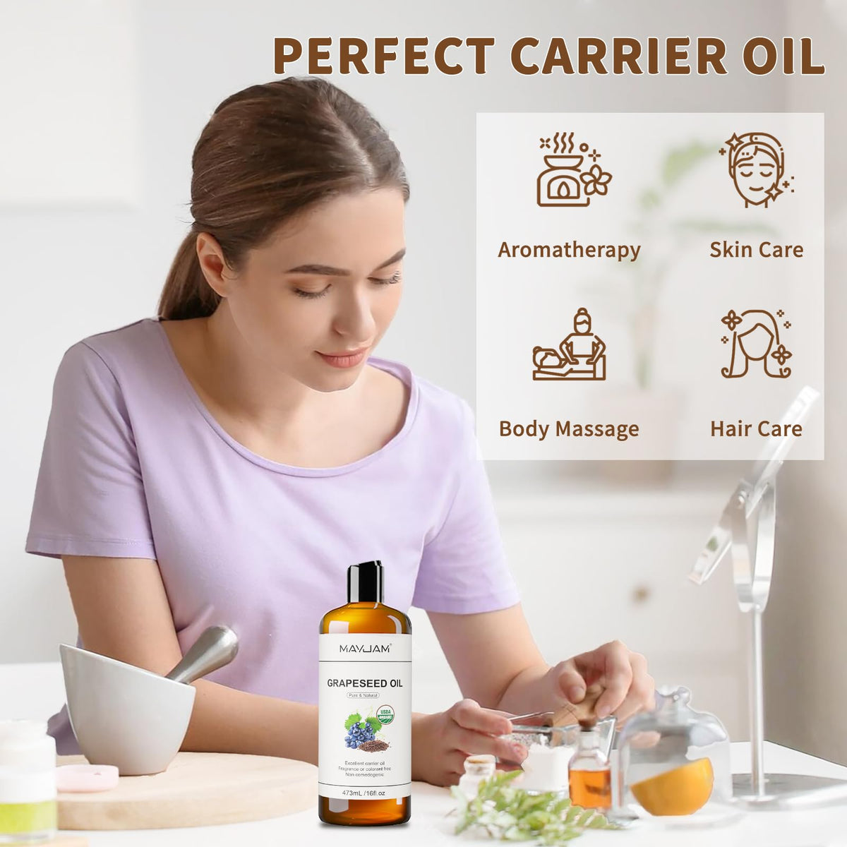 MAYJAM Organic Grapeseed Oil on a wooden table