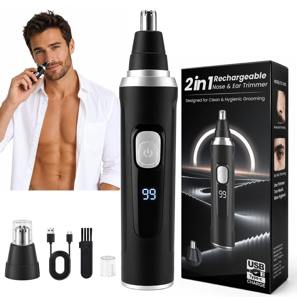 MDMSXXDD Ear and Nose Hair Trimmer front view with LED display