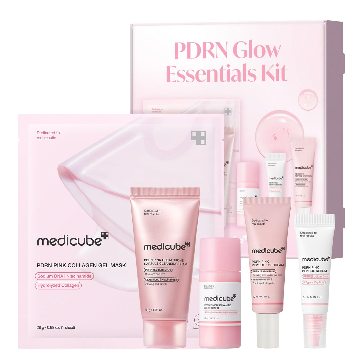 medicube PDRN Glow Essentials Kit front view with all products displayed