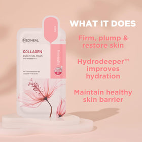 MEDIHEAL Collagen Essential Face Mask sheet displayed on a flat surface