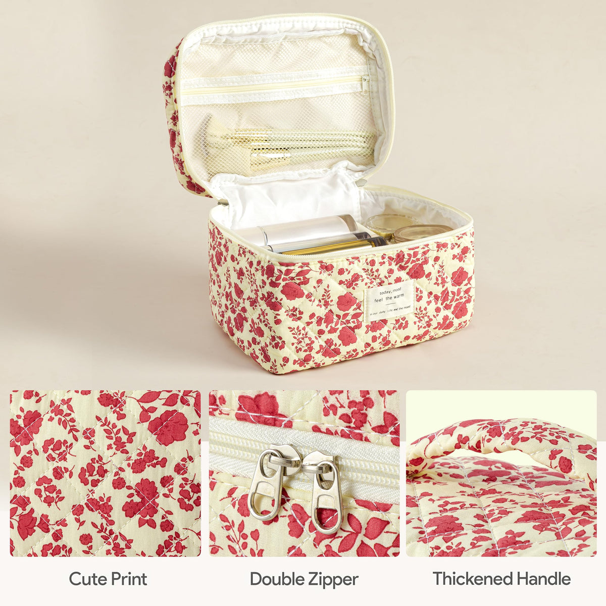 Medium HBselect makeup bag in floral pattern displayed open with cosmetics