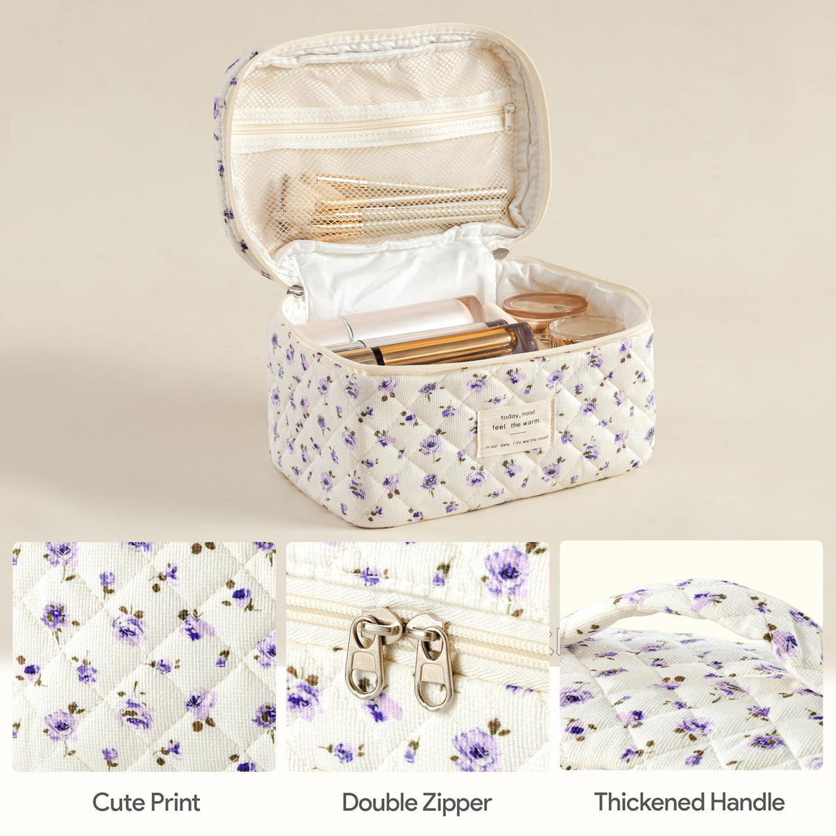 Medium size HBselect Quilted Makeup Bag displaying contents
