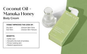 Medix 5.5 Coconut Oil Lotion with Manuka Honey near fresh coconuts