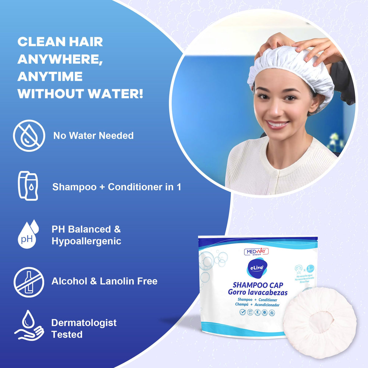 MedVance Shampoo Cap on a model demonstrating use