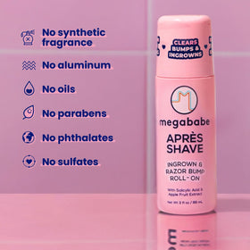Megababe Après Shave Roll-On on bathroom counter