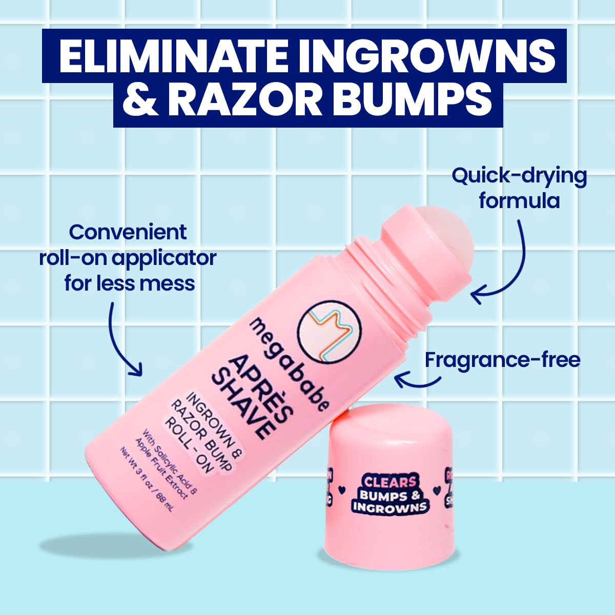 Megababe Après Shave Roll-On showing roller ball applicator