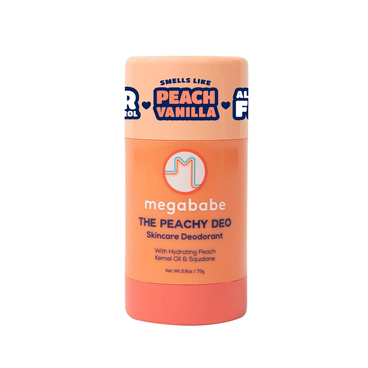 Megababe Peachy Deo front view with peach-vanilla scent