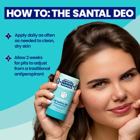 Megababe Santal Deo on bathroom shelf