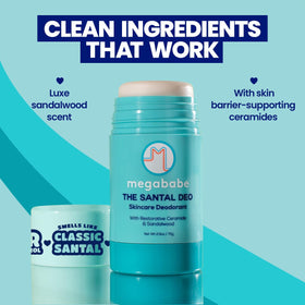 Megababe Santal Deo packaging with ingredients