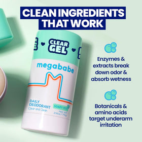 Megababe Soapy Pits Daily Deodorant side view with packaging
