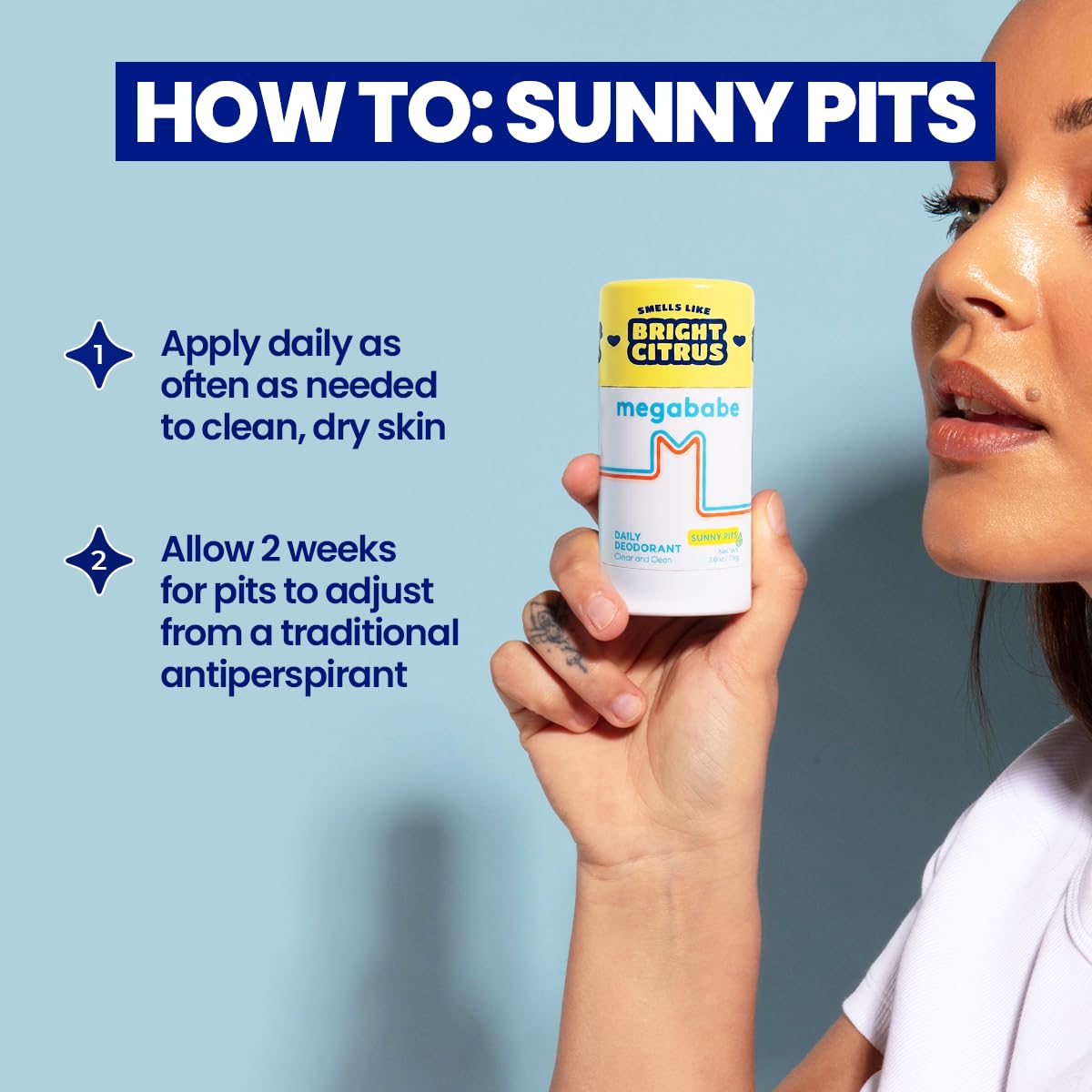 Megababe Sunny Pits Deo 2.6 oz with a refreshing citrus background