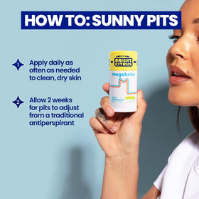 Megababe Sunny Pits Deo 2.6 oz with a refreshing citrus background