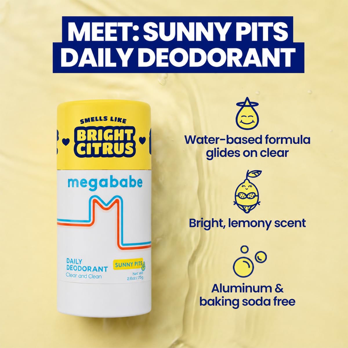 Megababe Sunny Pits Deo smooth stick application with bright lemony scent