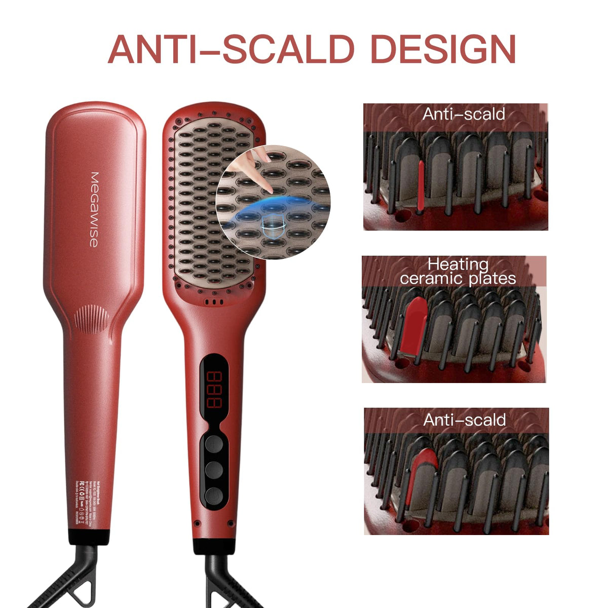 MEGAWISE Hair Straightener Brush showing heated comb teeth