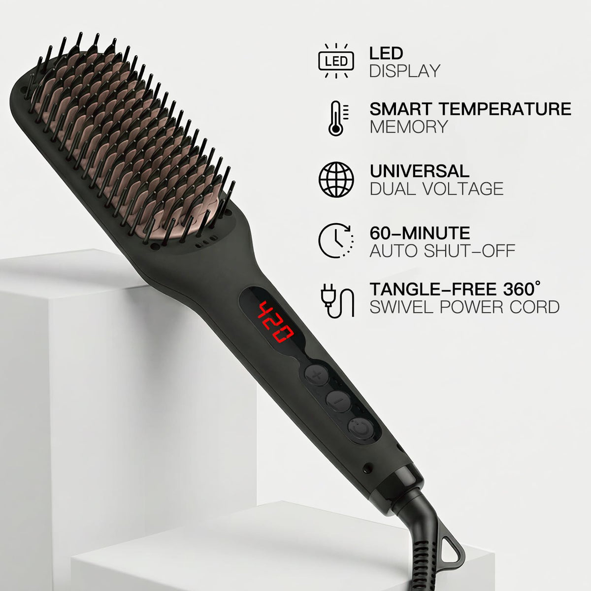 MEGAWISE Hair Straightener Brush showing negative ion technology feature