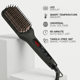 MEGAWISE Hair Straightener Brush showing negative ion technology feature