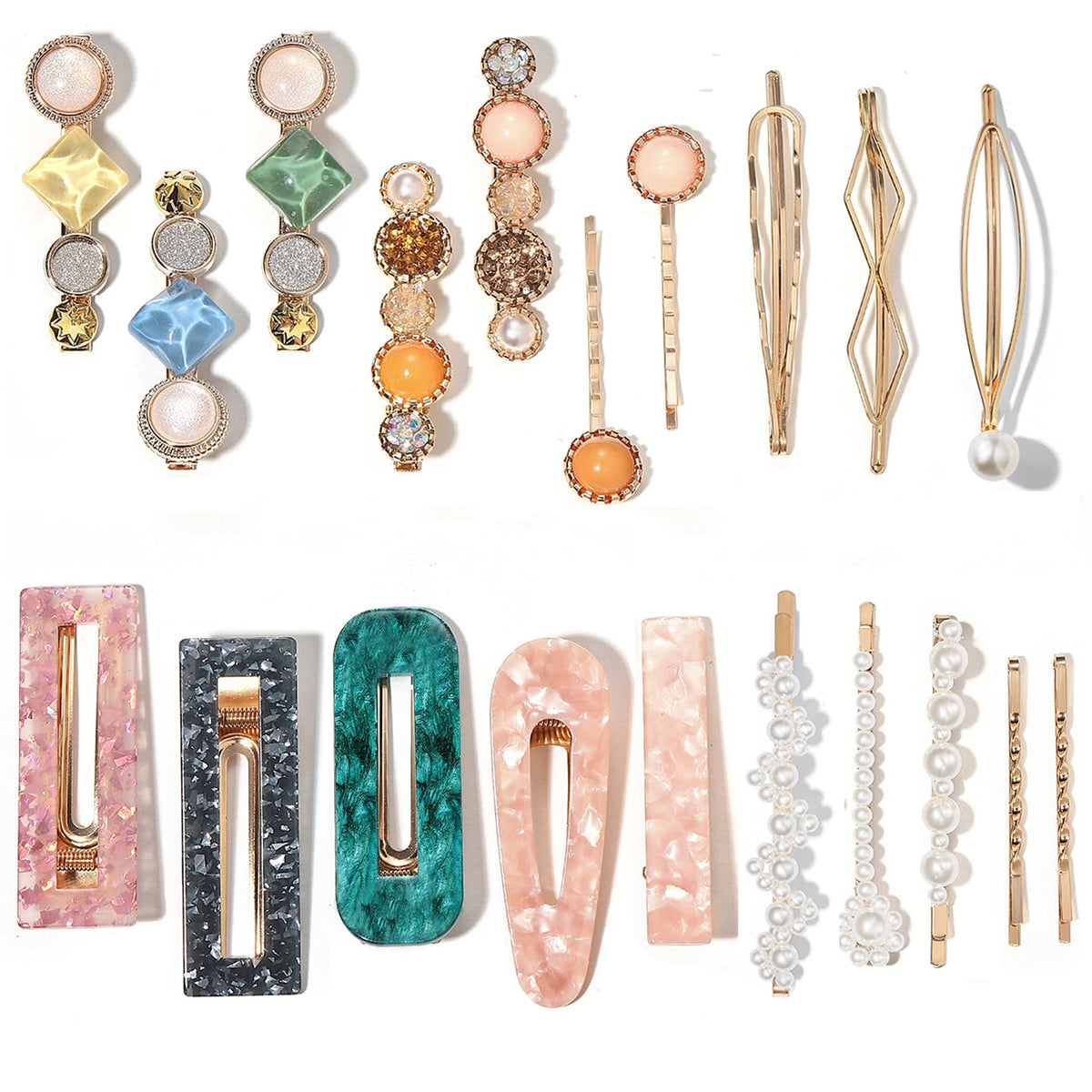 Mehayi 20 PCS pearl and acrylic resin hair clips set front view