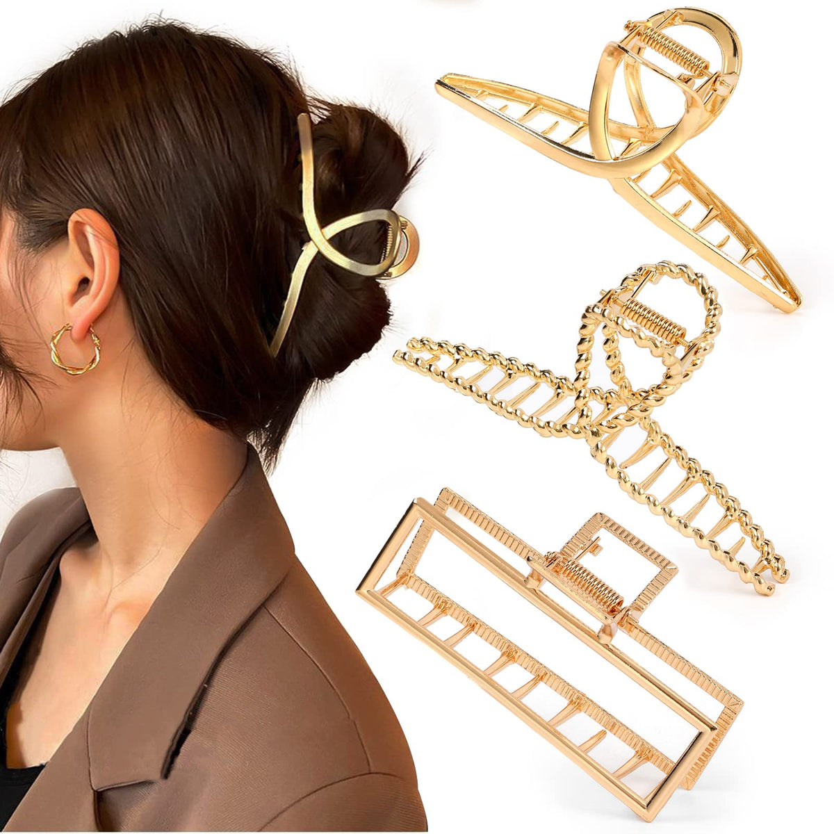 Mehayi 3 PCS metal large claw clips in black, front view