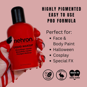 Mehron Liquid Makeup RED with applicator close-up