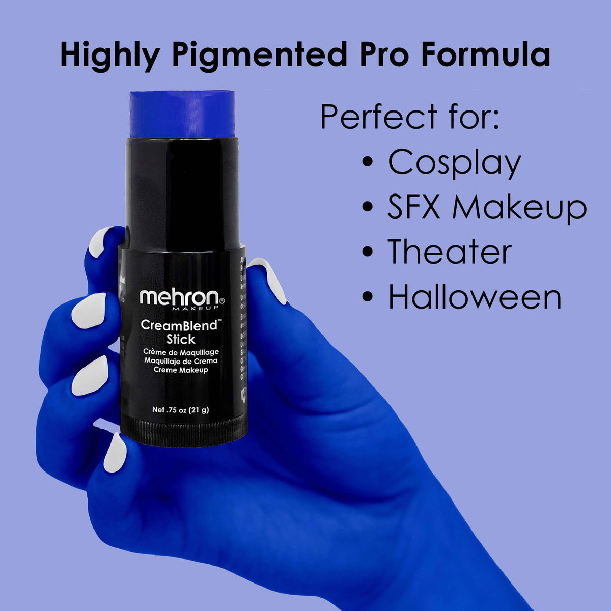 Mehron Makeup CreamBlend Stick BLUE in hand