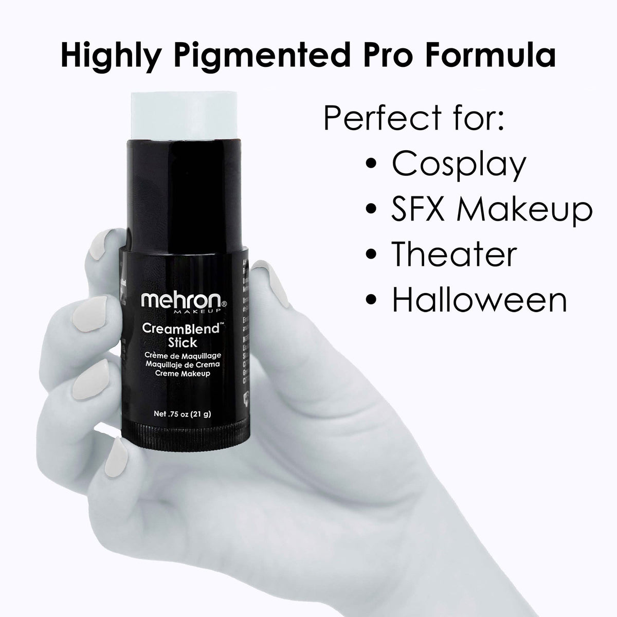 Mehron Makeup CreamBlend Stick Moonlight White applied on skin