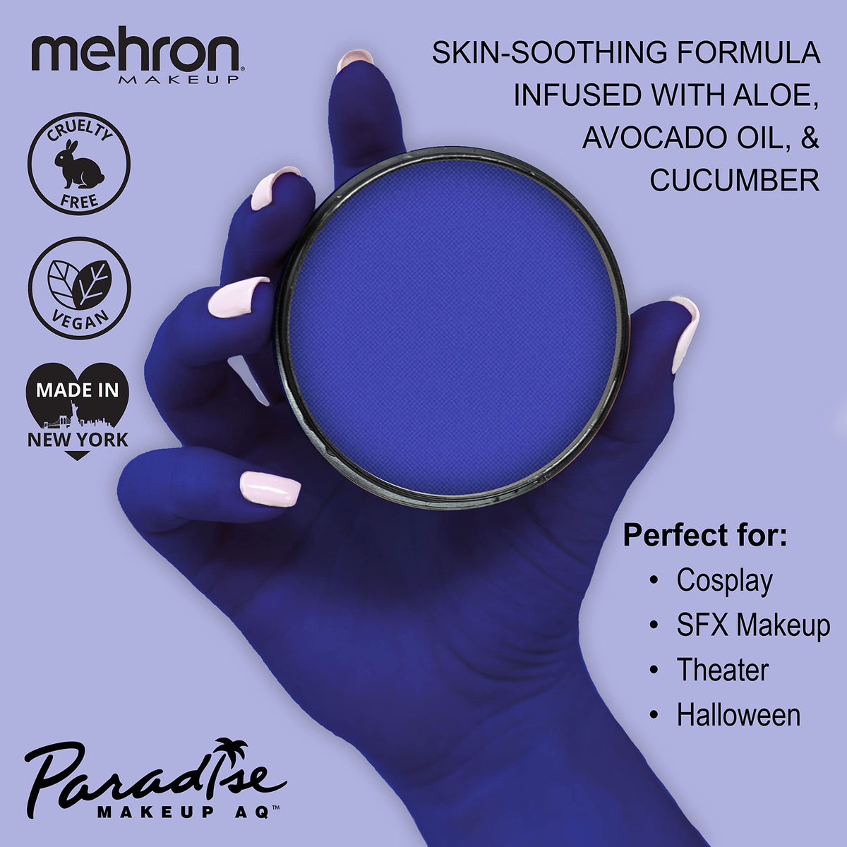 Mehron Makeup Paradise AQ Dark Blue packaging with ingredients