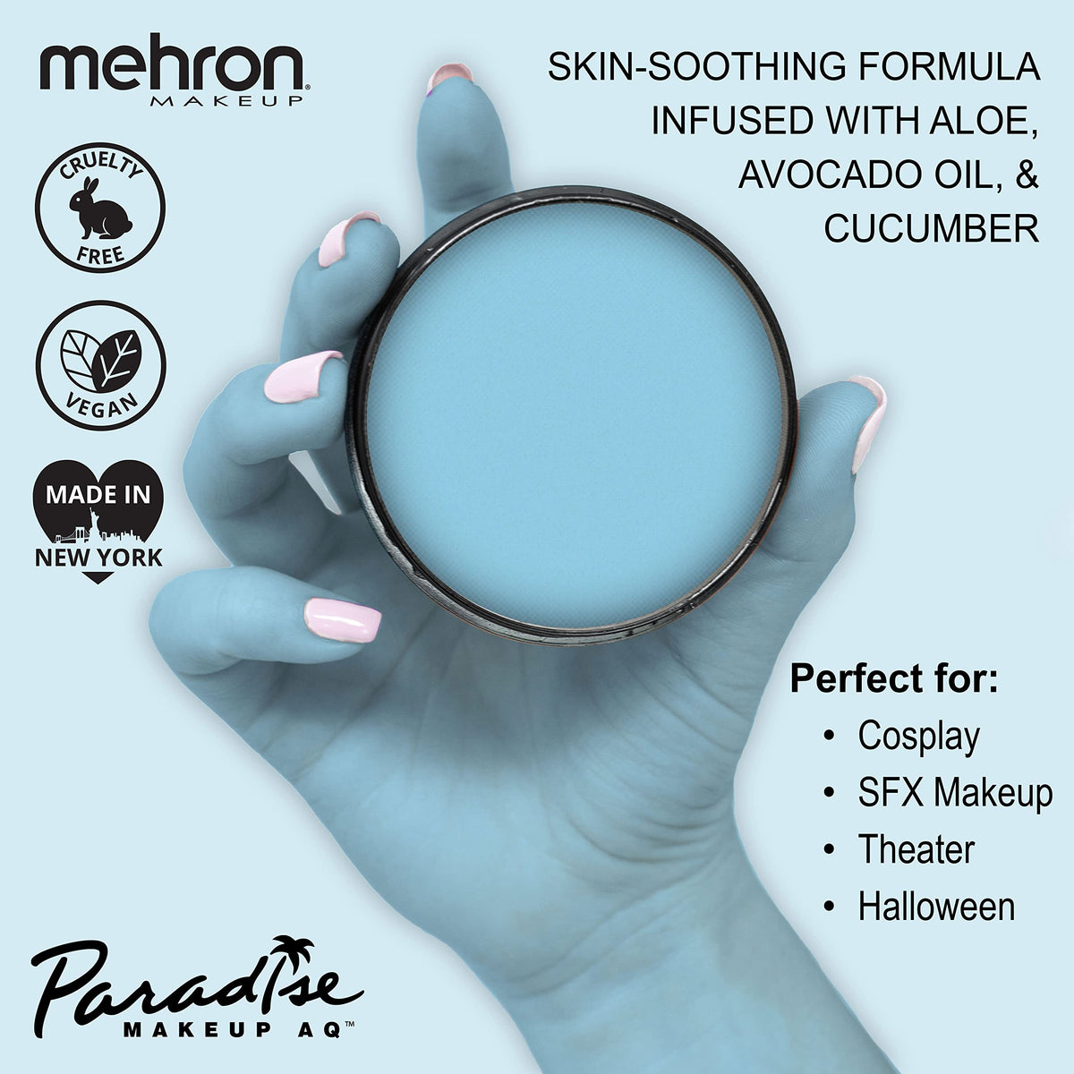 Mehron Makeup Paradise AQ Light Blue Body Paint swatch on skin