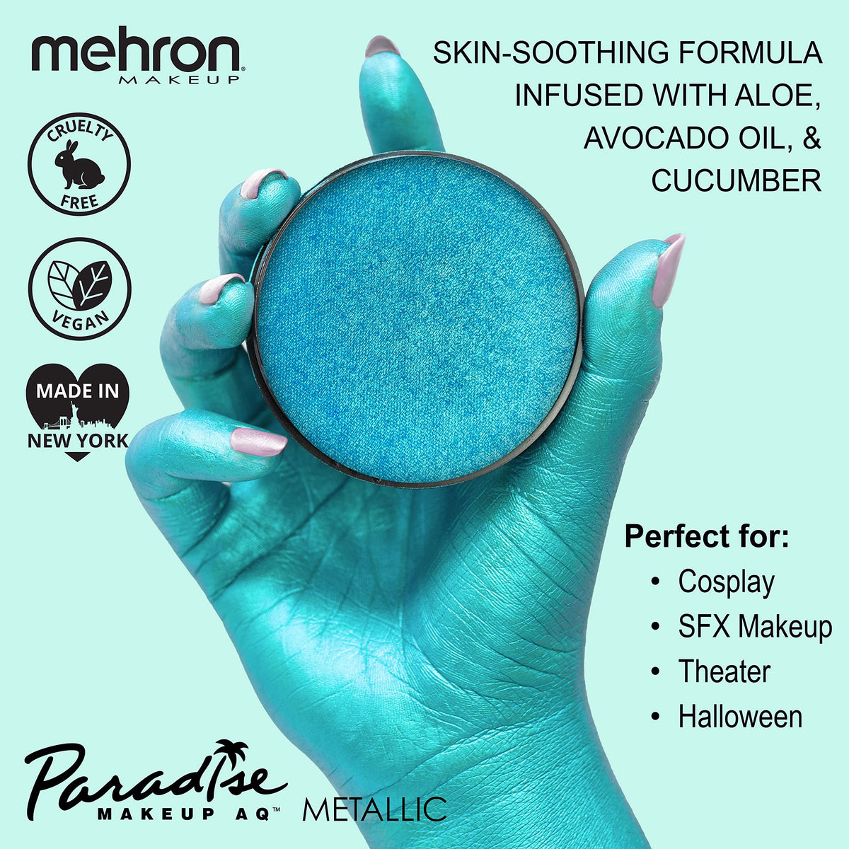 Mehron Makeup Paradise FX Metallic Light Blue Face Paint texture close-up