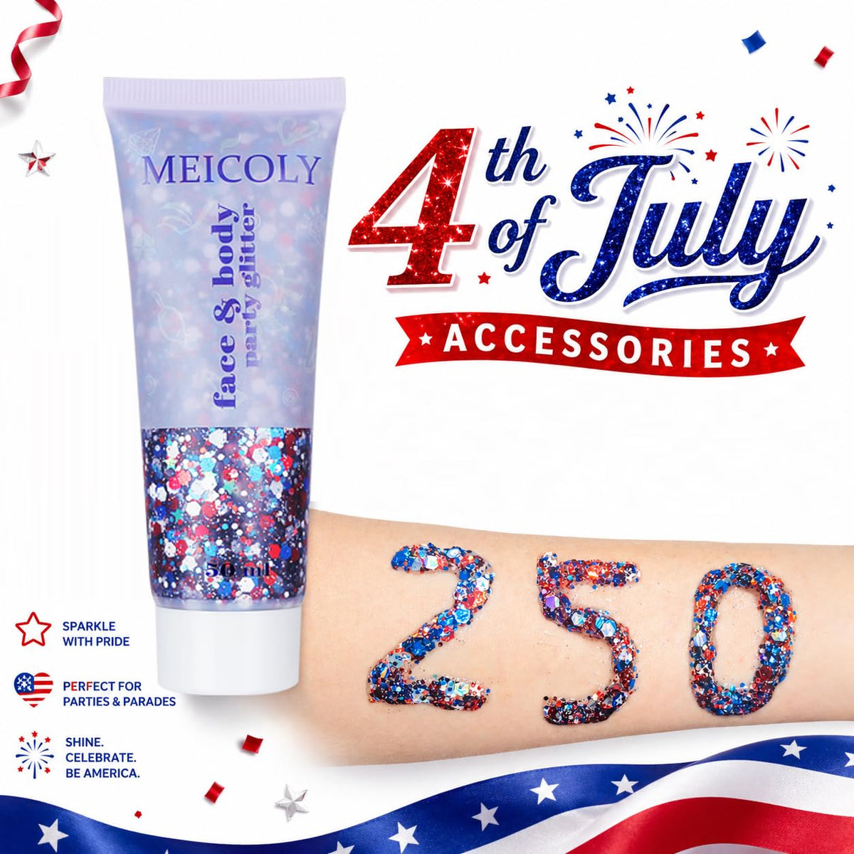 MEICOLY 250g Patriotic Body Glitter application on skin