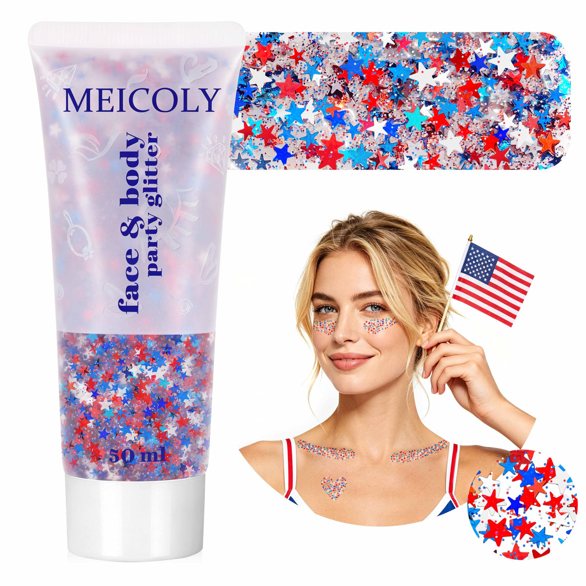 MEICOLY 50g star shaped body glitter in red, white, and blue