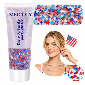 MEICOLY 50g star shaped body glitter in red, white, and blue