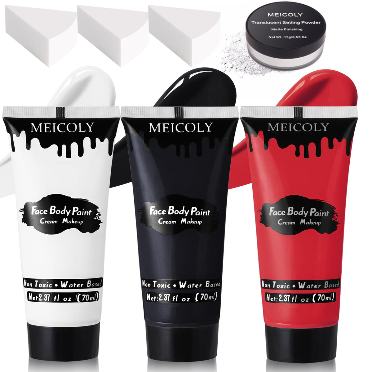 MEICOLY Black White Red Face Body Paint Set front view with sponges