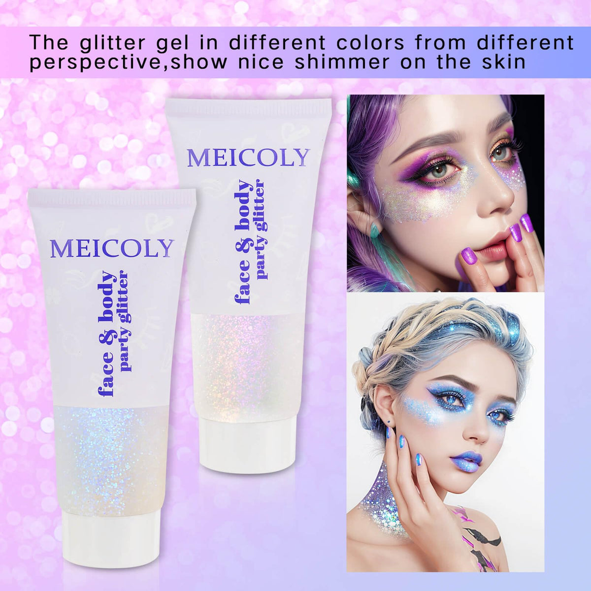 MEICOLY body glitter applied on collarbones