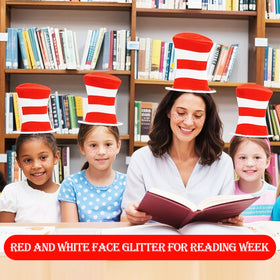 MEICOLY body glitter displayed with book-themed decorations