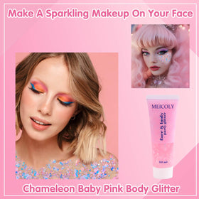 MEICOLY Chameleon Body Glitter applied on skin sparkling in light