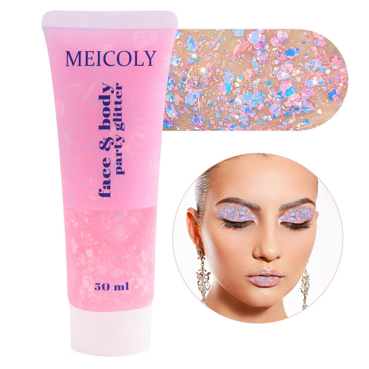 MEICOLY Chameleon Body Glitter tube with dimensions on display