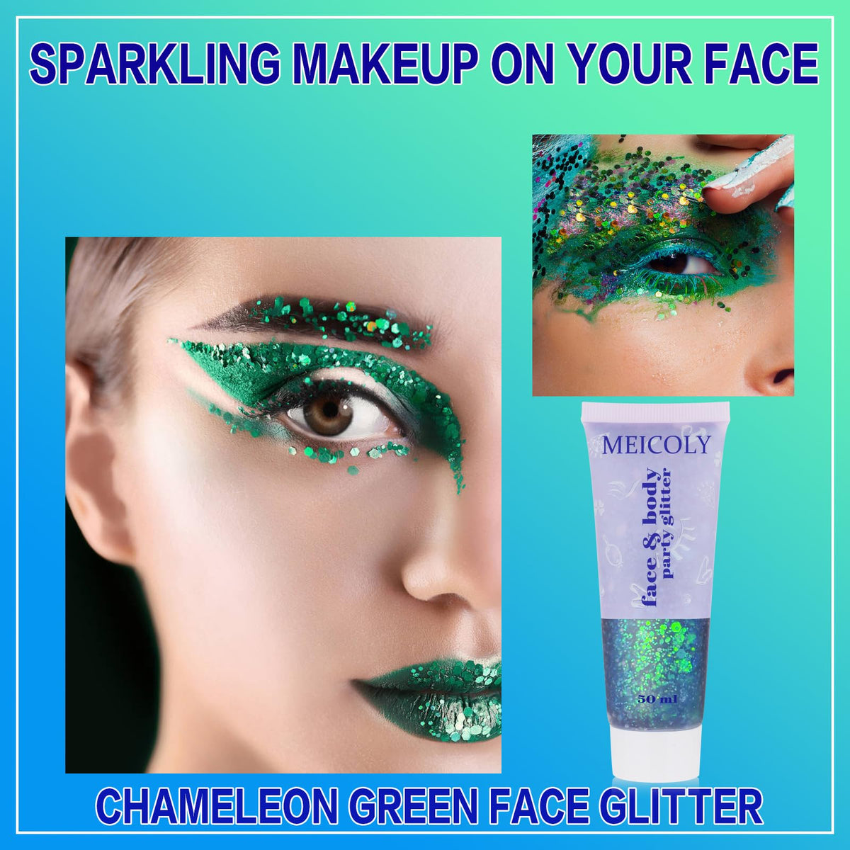 MEICOLY Chameleon Green Glitter used in festival makeup