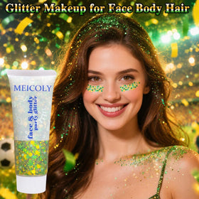 MEICOLY Green and Yellow Hair Glitter in a festive setting