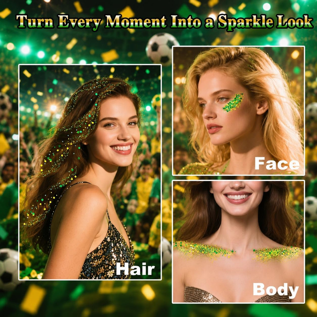 MEICOLY Green and Yellow Hair Glitter on hair for festive look